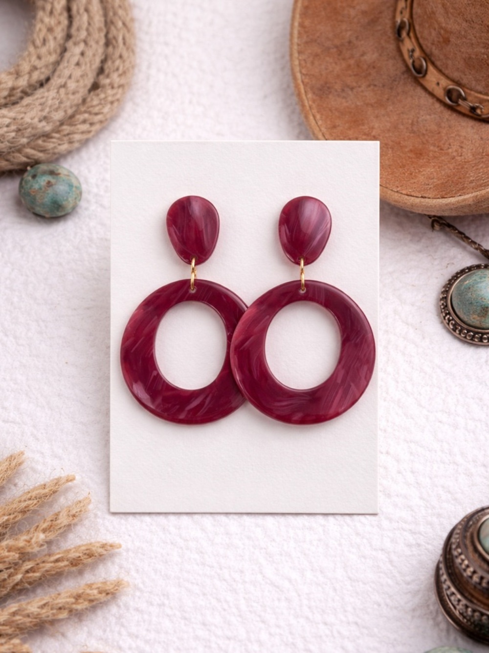 Marbled Burgundy Hoop Drop Earrings